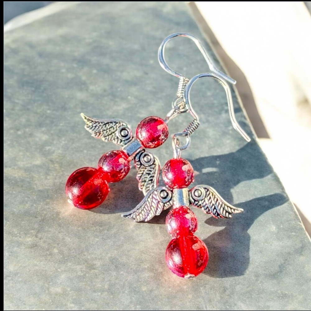 Handcrafted Red Angel Wing Earrings - Picture 7 of 13